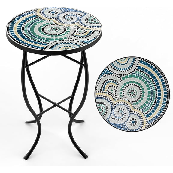 Mosaic Outdoor Side Table, Patio Side Table, Weather Resistant 14" Diameter 21" H Ceramic Tile Round Outside Table for Patio, Porch, Garden, Pool, Indoor&Outdoor,Plant Stand (Vortex)