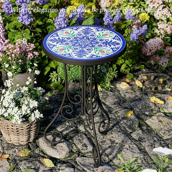 Mosaic Outdoor Side Table, Side Table, Weather Resistant 14" Diameter 21" H Ceramic Tile Round Outside Table for , Porch, Garden, Pool, Indoor&Outdoor,Plant Stand