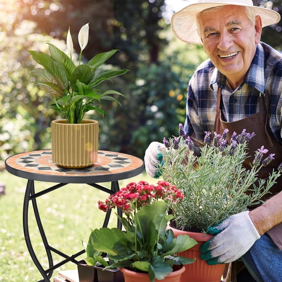 Mosaic Outdoor Side Table - Small  Accent Table with Ceramic Tile Top, Brown