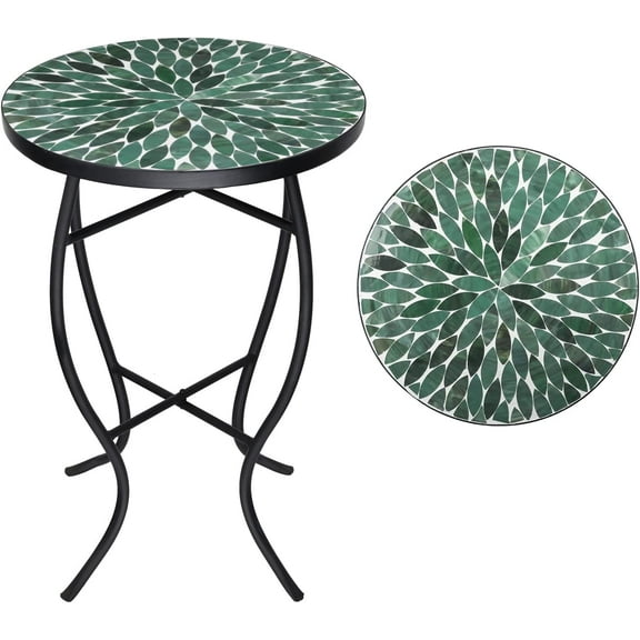 Mosaic Outdoor Side Table - Small Patio Table Coffee Table Outside Accent Table Round End Plant Table for Bistro Balcony Porch Outdoor Benches 14'' Mosaic Table Beige