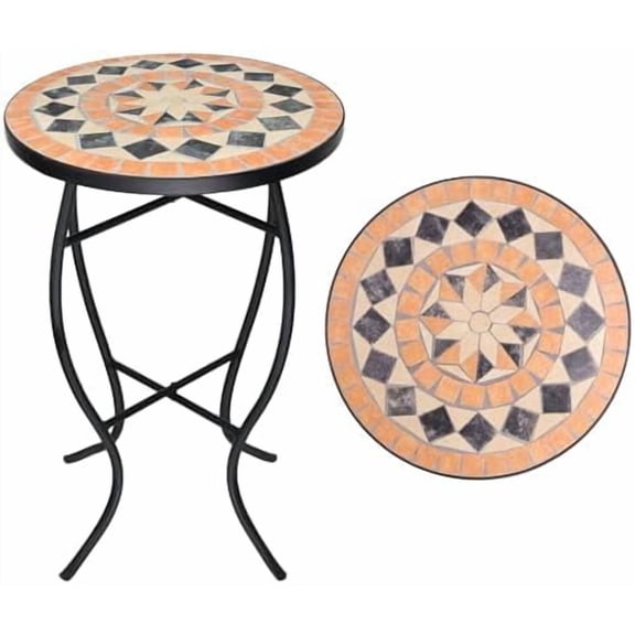Mosaic Outdoor Side Table - Small Patio Table Coffee Table Outside Accent Table Round End Plant Table for Bistro Balcony Porch Outdoor Benches 14'' Mosaic Table