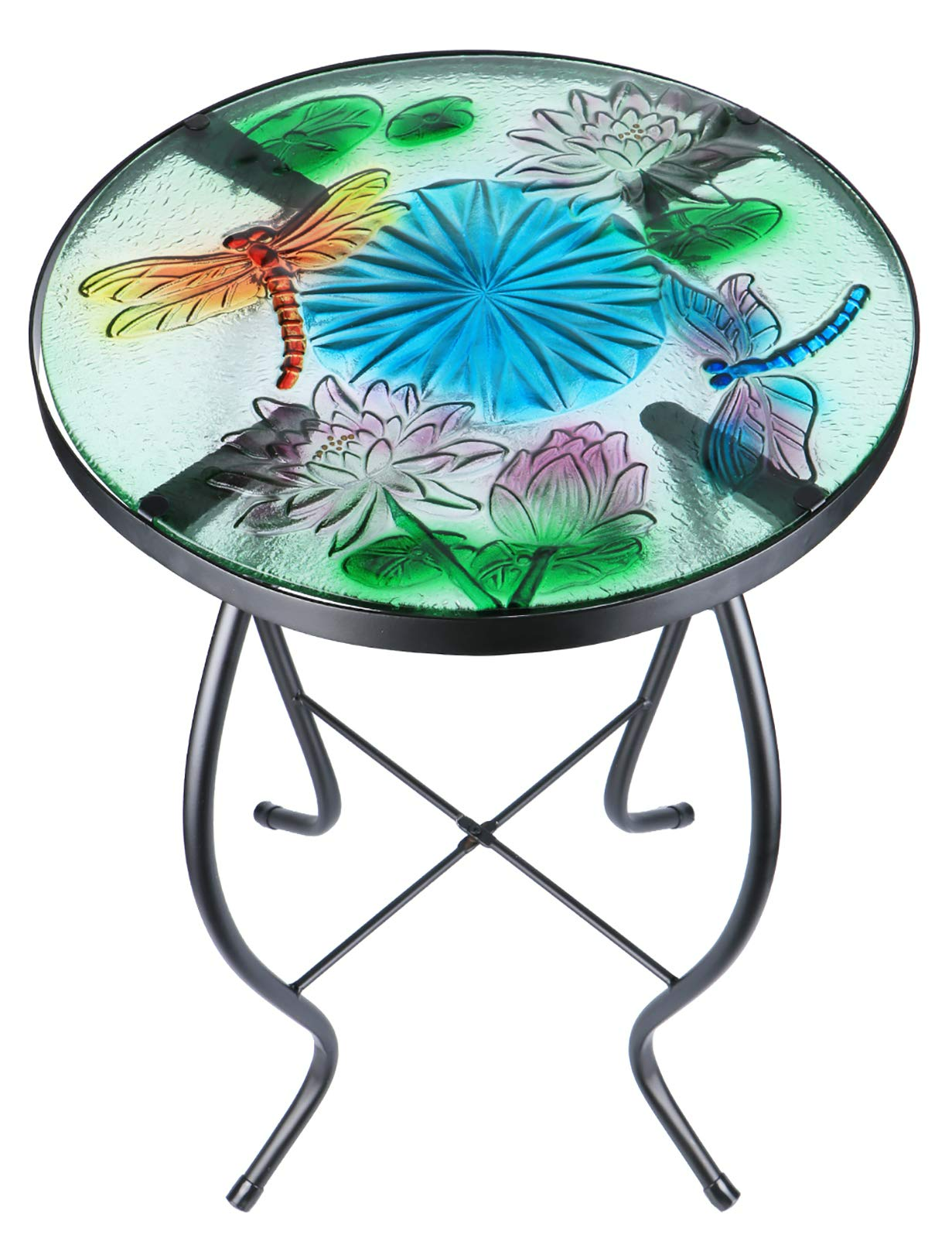 Mosaic Patio Side Table Outdoor Accent Table Bistro Coffee Table Plant End Table Small Porch Table Indoor Round Glass Balcony Hummingbird Plant Table Stands