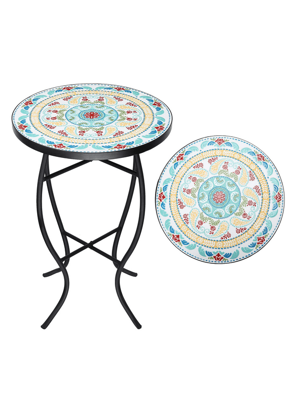 Mosaic Patio Side Table Outside Accent Round End Plant Table for Bistro Balcony Porch Outdoor Benches 14"