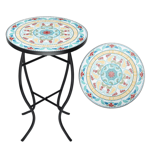 Mosaic Patio Side Table Outside Accent Round End Plant Table for Bistro Balcony Porch Outdoor Benches 14"