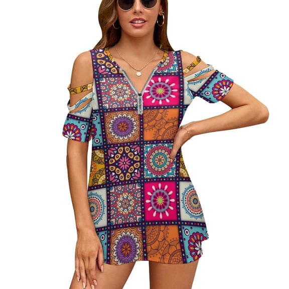 Mosaic Pattern Womens Summer V Neck Zipper Top Short Sleeve T Shirt Off Shoulder Top Casual Classy Loose Shirts