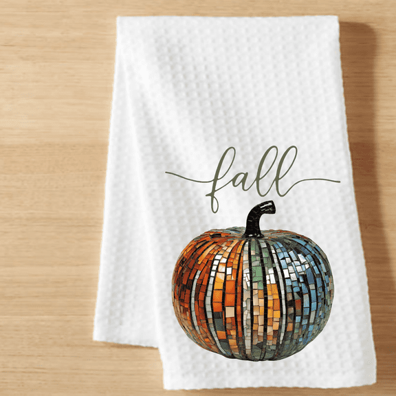 Mosaic Pumpkin Fall Kitchen Towel – Farmhouse Autumn Decor Waffle Weave 16x24 Dish Drying Cloth