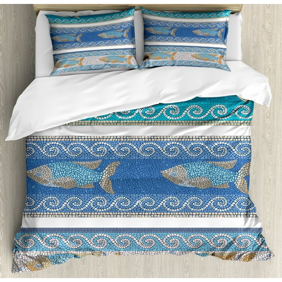 Mosaic Queen Size Duvet Cover Set, Ancient Style Byzantine Ceramics Inspired Maritime Fractal Fish Pattern Artwork, Decorative 3 Piece Bedding Set with 2 Pillow Shams, Slate Blue, by Ambesonne