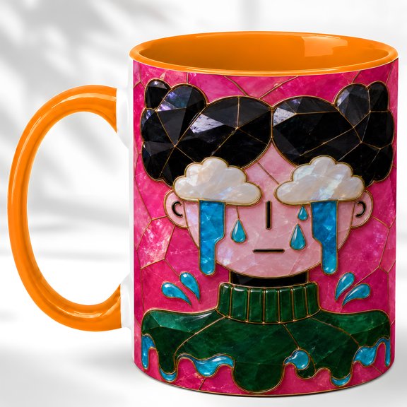 Mosaic Rain Cloud Face Coffee Mug, Moody Character Mug, Ceramic 11 oz