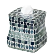 Mosaic Sea Tissue Cover Multi Jewel, Laser-cut, Hand-cut, Stripes in Blue, Sapphire, and Aqua mist Hues on a Natural Clay 6.5 Inch Cube