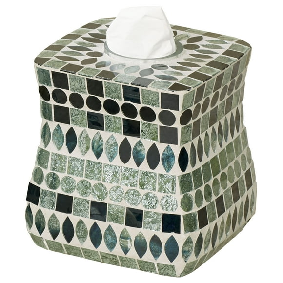 Mosaic Sea Tissue Cover Multi Jewel, Laser-cut, Hand-cut, Stripes in Blue, Sapphire, and Aqua mist Hues on a Natural Clay 6.5 Inch Cube