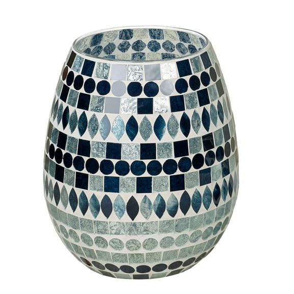 Mosaic Sea Wastebasket Multi Jewel, Laser-cut, Hand-cut, Stripes in Blue, Sapphire, and Aqua mist Hues on a Natural Clay 10 Inches High