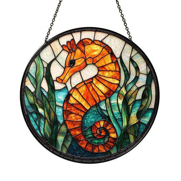 Mosaic Seahorse Stained Glass Suncatcher, Marine Inspired Round Window Decor