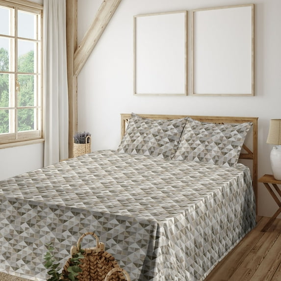 Ambesonne Mosaic Fitted & Flat Sheet with Shams 4 Pcs Set, Wall Art Geometric Square, Full, Charcoal Grey Eggshell
