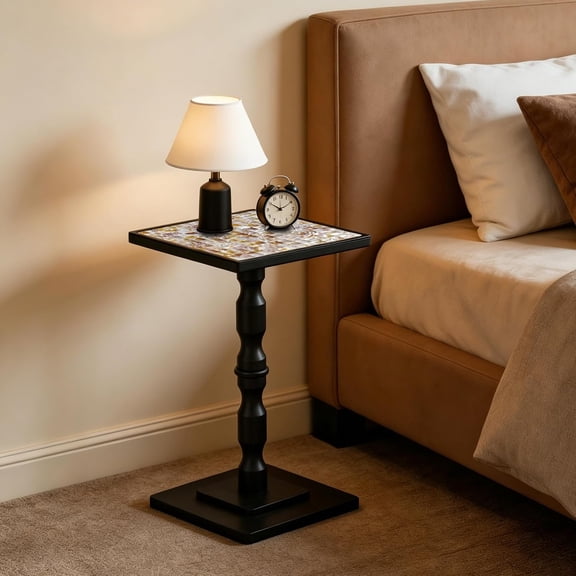 Mosaic Shell Accent Side Table Handcrafted Small End Table for Tight Corners, Beside Chairs & Plant Display | No-Tool Assembly, Modern Vintage Decor for Bedroom, Living Room (11.8")