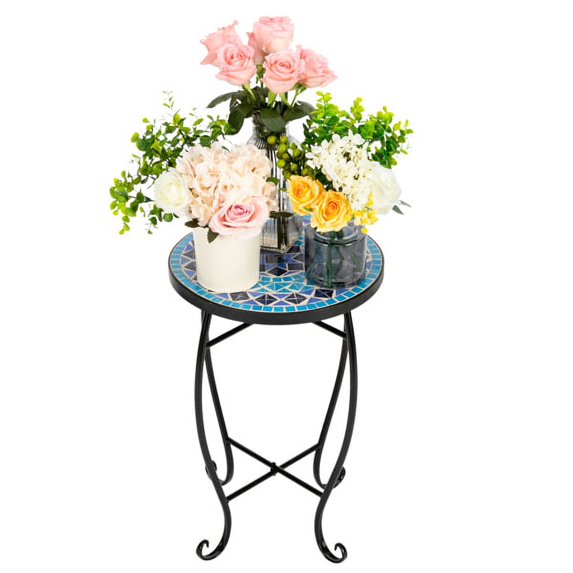 Mosaic Side Table,14'' Round Small Bistro Table, Indoor End Table,Accent Patio Table with Metal Frame, Black Iron Plant Stand,for Garden Yard Parch Balcony