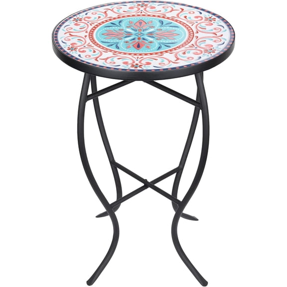 Mosaic Side Table, 21" Round End Table with 14" Ceramic Tile Top, Patio Accent Table Indoor and Outdoor End Table for Yard, Garden, Living Room, Bistro Balcony or Lawn