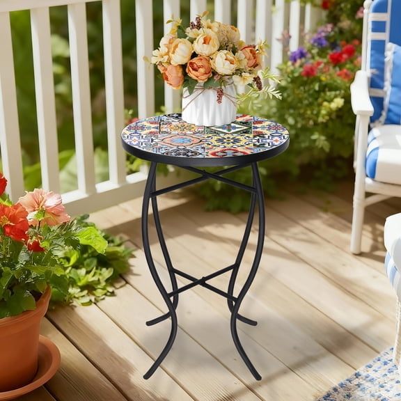 Mosaic Side Table, 21" Round End Table with 14" Ceramic Tile Top, Indoor Patio Accent Table for Yard, Garden, Living Room, Bistro Balcony or Lawn
