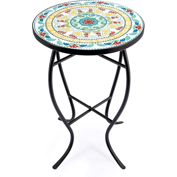 Mosaic Side Table and Plant Stand, 21" Round End Table with 14" Ceramic Tile Top, Indoor & Outdoor Accent Table, Porch Patio Furniture, Entryway & Coffee Table for Home & Garden