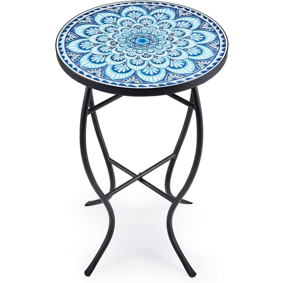 Mosaic Side Table and Plant Stand, Round End Table with 14" Ceramic Tile Top, Indoor & Outdoor Accent Table, Porch Patio Furniture, Entryway & Coffee Table for Home & Garden
