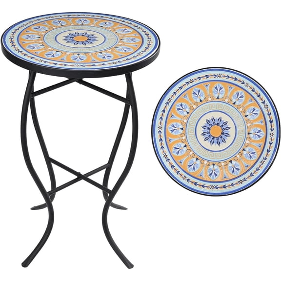 Mosaic Side Table,   Round End Table with 14" Ceramic Tile Top, Patio Accent Table Indoor and Outdoor End Table for Yard, Garden, Living Room, Bistro Balcony or Lawn