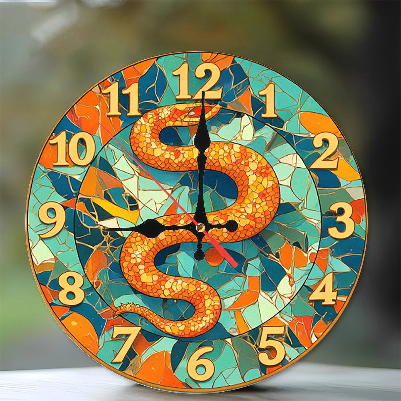 Mosaic Snake Wall Clock Orange Teal Decor 10-Inch Silent Wooden Wall ...