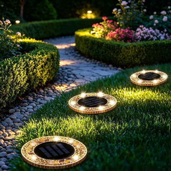 Mosaic Solar Disk Light Outdoor Waterproof Glass LED Pathway Stake Lamp With Smart Solar Power And Auto On Off For Garden Lawn And Landscape Illumination