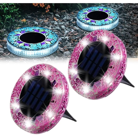 Mosaic Solar Disk Light, Waterproof Outdoor Glass LED Garden Stake Light, Colorful Landscape Yard Decor for Walkway Patio Lawn, Auto On/Off (purple, 2pcs)