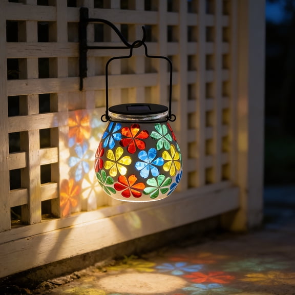 Mosaic Solar Lanterns - Glass Hanging Lights Hollow Out Waterproof Outdoor Decorative for Garden, Patio, Holiday Party Outdoor Decoration, 1 Pack