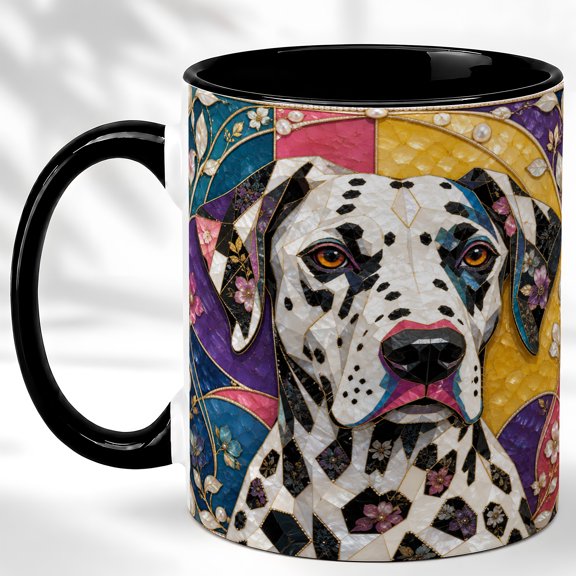 Mosaic Spotted Dog Coffee Mug, Floral Pet Mug, Ceramic 11 oz