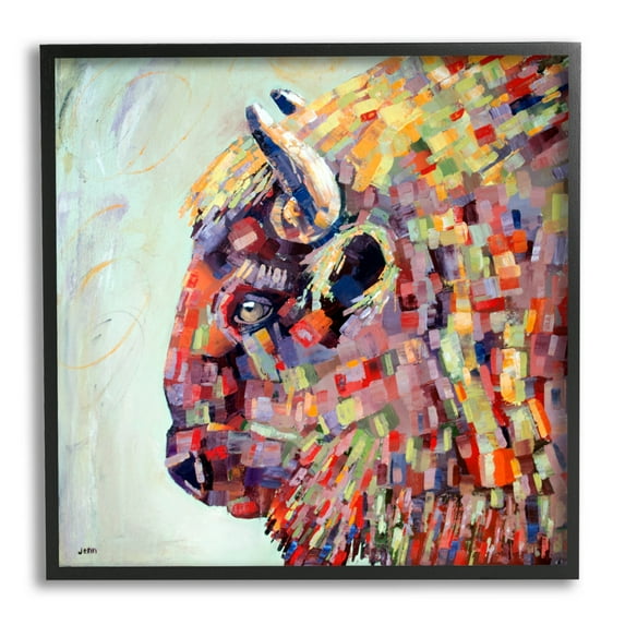 Mosaic Style Bison Portrait Animals & Insects Painting Black Framed Art Print Wall Art
