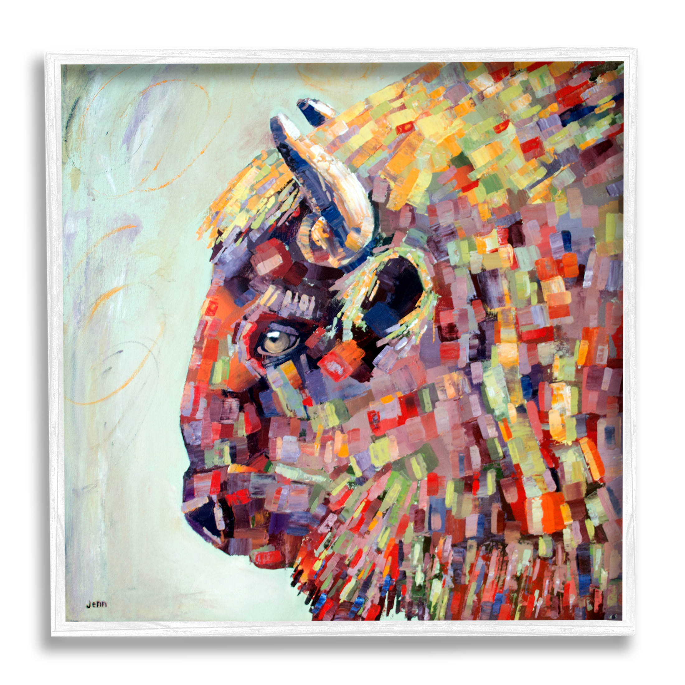Mosaic Style Bison Portrait Animals & Insects Painting White Framed Art Print Wall Art