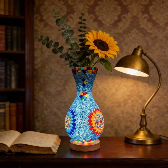 Mosaic Style Glowing Vase,USB 5V Plug-In Night Light Vase with Dimmable Light,Finished Glass Flower Arrangement for Living Room and Bedroom,Turkish Geometric Design with Wood Base,Decorative