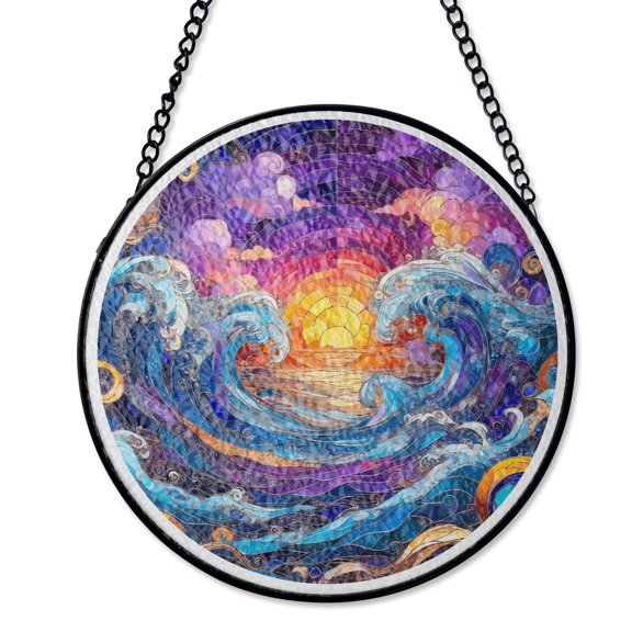Mosaic Sunset Ocean Wave Stained Glass Suncatcher Artistic Home Decor Studio Gift