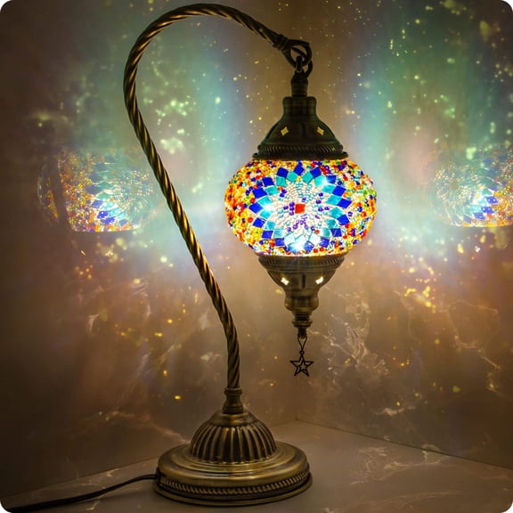 Mosaic Table Lamp Blue1 Swan Neck Handmade Bedroom Bedside Light