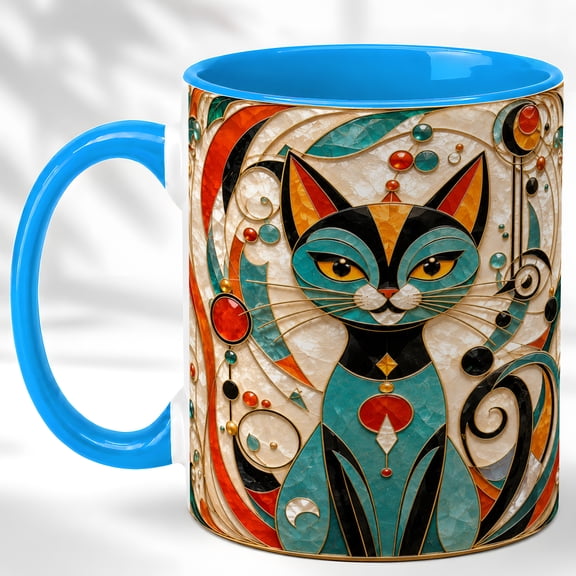 Mosaic Teal Cat Coffee Mug, Ornate Pet Mug, Ceramic 11 oz