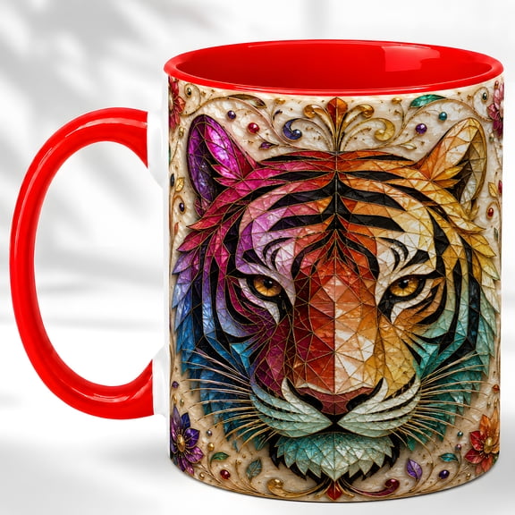Mosaic Tiger Coffee Mug, Floral Wildlife Mug, Ceramic 11 oz