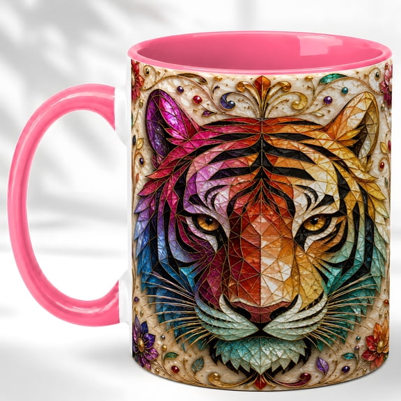Mosaic Tiger Coffee Mug, Floral Wildlife Mug, Ceramic 11 oz