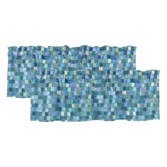 Mosaic Tile 2 Panels Kitchen Valance, Teal Square Grid Blue Ombre Tonal Block Poolside Curtains Valances for Small Windows Rod Pocket Window Treatments for Living Room Bedroom 42" W x 12" L