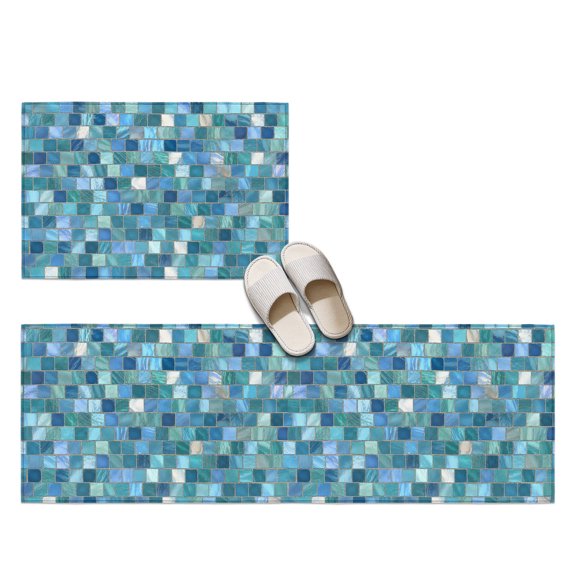 Mosaic Tile 2 Pieces Non-Slip Kitchen Mat Set, Teal Square Grid Blue Ombre Tonal Block Poolside Soft Door Mat with Rubber Backing, Dirtproof Rugs for Entrance Doorway, 15.7x23.6in+15.7x47.2in