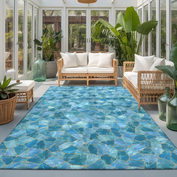 Mosaic Tile 9'x12' Area Rugs for Living Room Sectional Sofa, Coastal Teal Square Grid Blue Ombre Tiles Poolside Washable Sturdy Non Slip Soft Sturdy Rectangle Home Area Rug