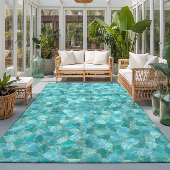 Mosaic Tile 9'x12' Area Rugs for Living Room Sectional Sofa, Coastal Teal Square Grid Mint Green Tiles Poolside Washable Sturdy Non Slip Soft Sturdy Rectangle Home Area Rug