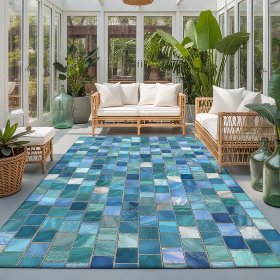 Mosaic Tile 9'x12' Area Rugs for Living Room Sectional Sofa, Teal Square Grid Blue Ombre Tonal Block Poolside Washable Sturdy Non Slip Soft Sturdy Rectangle Home Area Rug