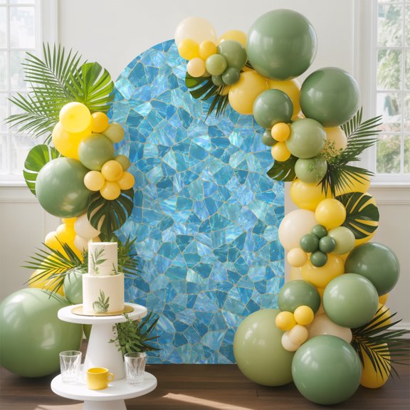 Mosaic Tile Arch Backdrop Cover, 4FT, Coastal Teal Square Grid Blue Ombre Tiles Poolside Spandex Arch Covers Double-Sided Backdrop for Wedding Birthday Party Photo Background Decoration