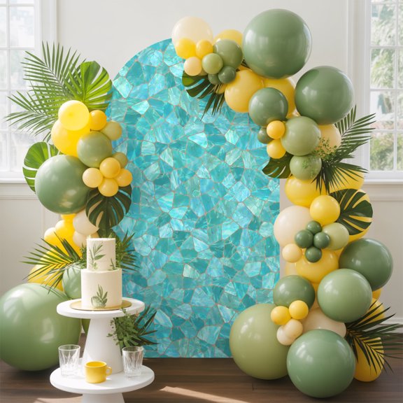 Mosaic Tile Arch Backdrop Cover, 4FT, Coastal Teal Square Grid Mint Green Tiles Poolside Spandex Arch Covers Double-Sided Backdrop for Wedding Birthday Party Photo Background Decoration