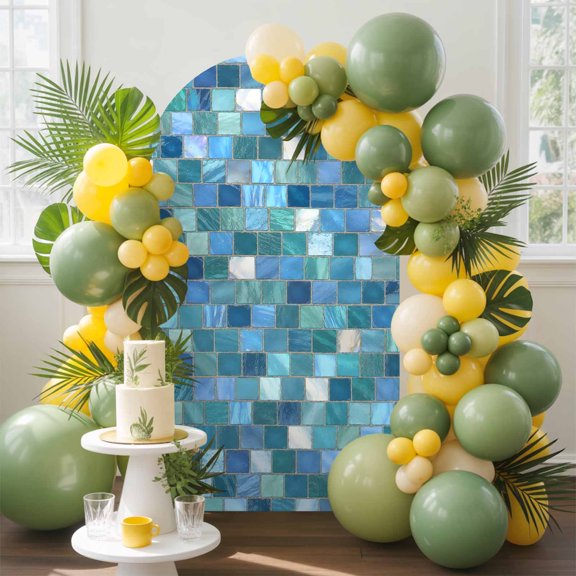 Mosaic Tile Arch Backdrop Cover, 4FT, Teal Square Grid Blue Ombre Tonal Block Poolside Spandex Arch Covers Double-Sided Backdrop for Wedding Birthday Party Photo Background Decoration