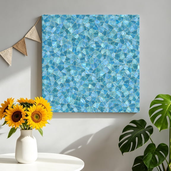 Mosaic Tile Canvas Wall Art, Coastal Teal Square Grid Blue Ombre Tiles Poolside Framed Canvas Wall Decor Picture Print Artwork Decorations for Living Room Office Ready to Hang 8" x 8"