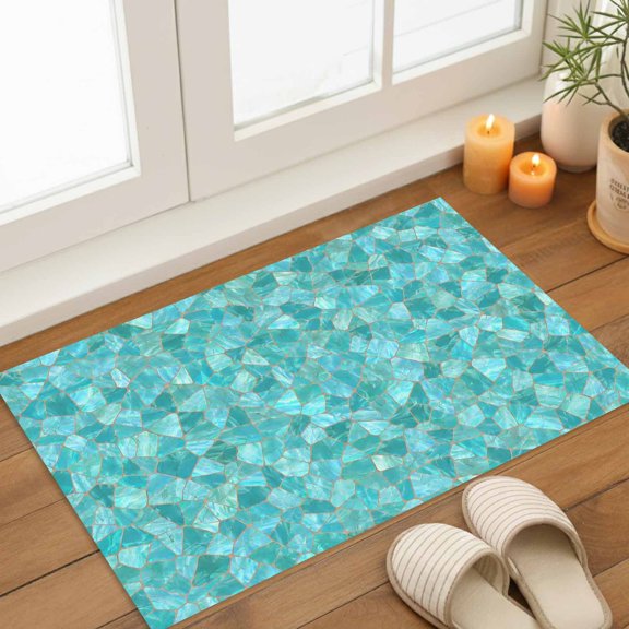 Mosaic Tile Door Mat Coastal Teal Square Grid Mint Green Tiles Poolside Non Slip Absorbent Entrance Mat Washable Low Profile Indoor Doormat for Front Door Entryway Entry 16"x24"