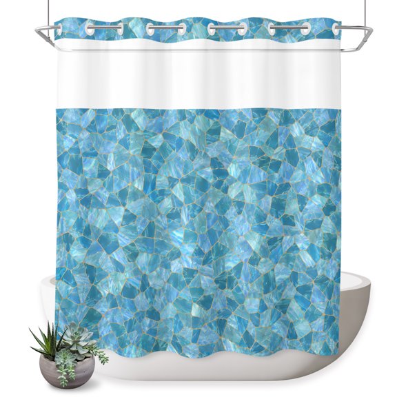 Mosaic Tile No Hook Shower Curtain Coastal Teal Square Grid Blue Ombre Tiles Poolside Shower Curtain with See Through Top Window, Waterproof Washable Fabric Curtain for Bathroom Hotel Decor, 72Wx78L