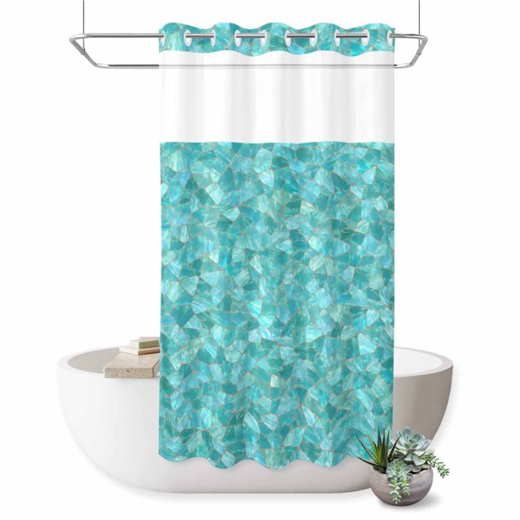 Mosaic Tile No Hook Shower Curtain Coastal Teal Square Grid Mint Green Tiles Poolside Shower Curtain with See Through Top Window, Waterproof Washable Fabric Curtain for Bathroom Hotel Decor, 36Wx72L