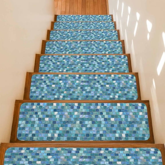 Mosaic Tile Non-Slip Stair Treads for Wooden Steps, 7 Pack 8x30 Inches Carpet Stair Mats with Adhesive Backing, Noise-Reducing Step Covers for Indoor Stairs, Easy to Install & Residue-Free